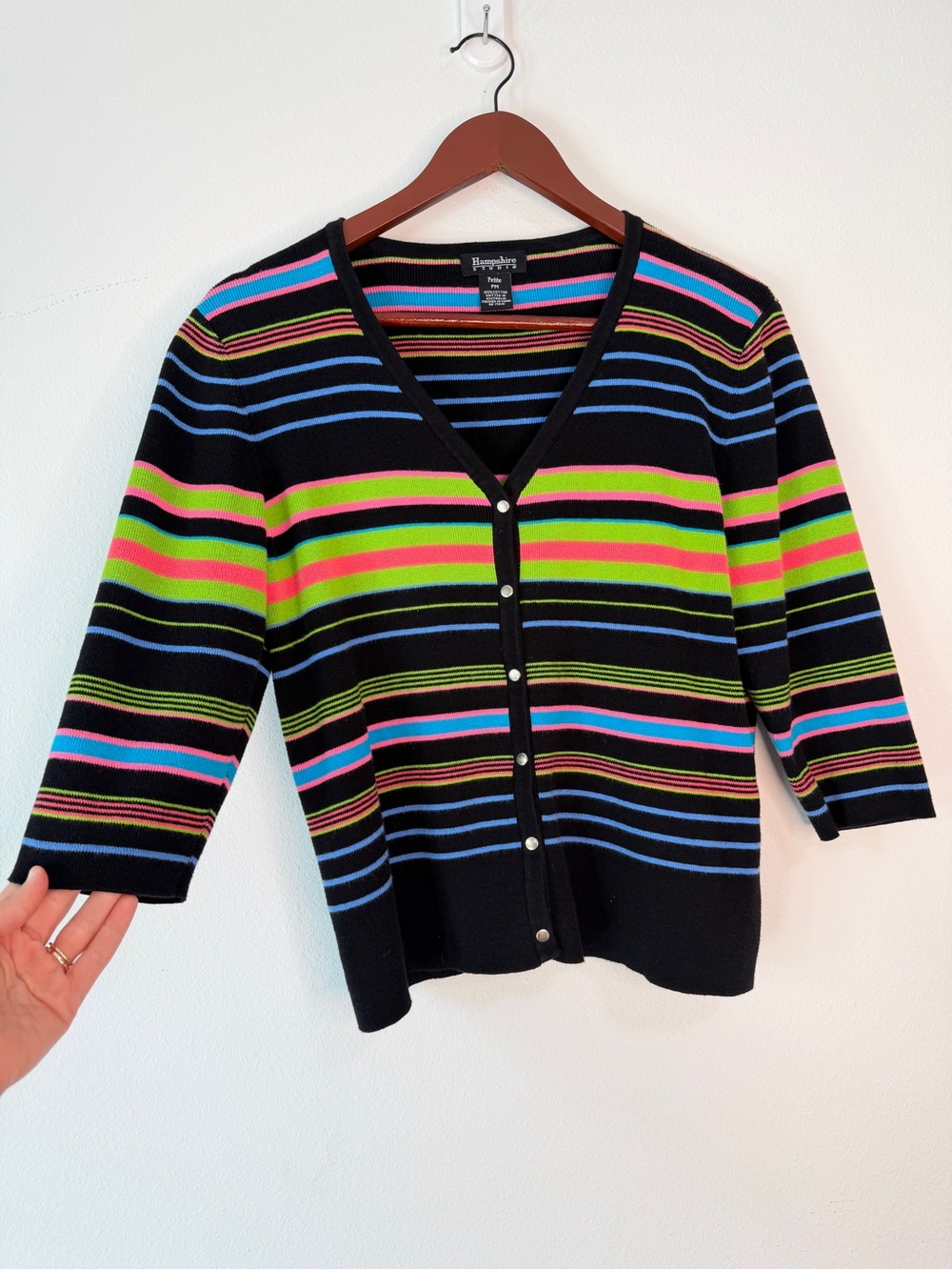 Vintage Y2K 90s Colorful Retro Striped Cardigan Womens M Petite Button Snap Mod